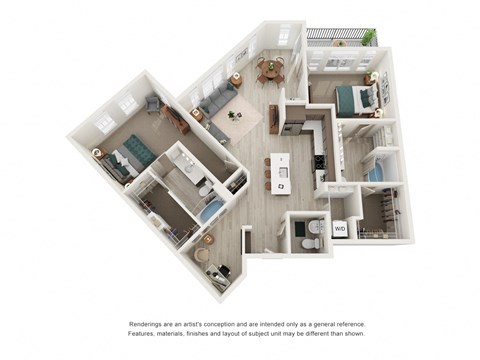 Floor plan for 2 beds, 2.5 baths, 1382 sqft